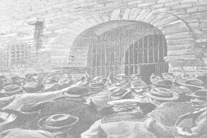 Schwarz-weiß-Zeichnung einer Menge vor einer Backsteinmauer mit einem Fenster und Gittern, mit Text unten, der 'Victor Hugo Münsters Hinrichtung im Gefängnis 1892' lautet.