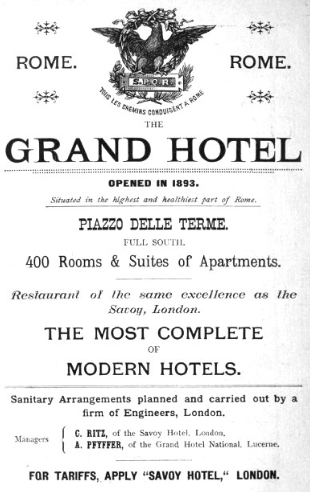 Werbung für das Grand Hotel in Rom, Italien, mit dem Text "Das Modernste und Vollständigste Hotel" und einem stilisierten Vogel-Logo mit ausgebreiteten Flügeln.