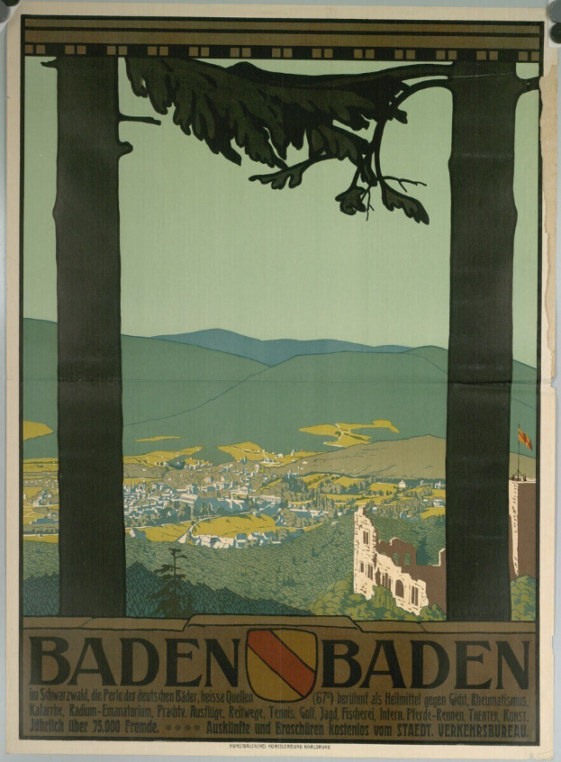 Ein Plakat an einem Gebäude in Baden-Württemberg, Deutschland, das eine Landschaft mit Hügeln, grünen Bäumen und einem blauen Himmel mit der Aufschrift "Baden Baden" zeigt.