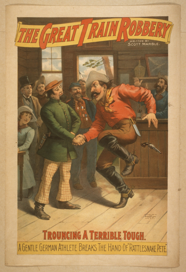 Ein Plakat, das eine Gruppe von Menschen zeigt, die drinnen stehen, einer hält eine Waffe in der Hand, mit Text oben und unten 'Der große Zugraub - Trouching ein Schreckliches Tough'.