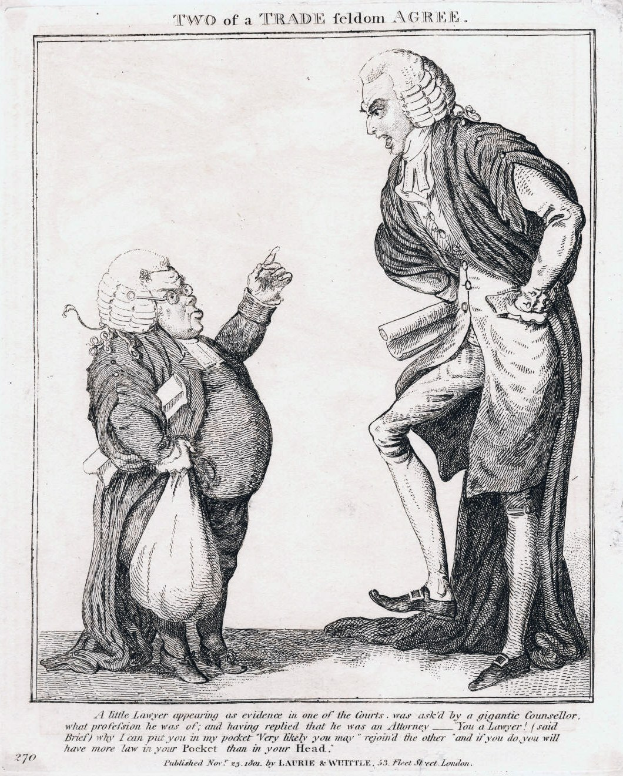 Schwarze und weiße Linienzeichnung von zwei Personen, von denen eine eine Tasche hält, mit dem Text "Zwei eines Handwerks Feldom Einigen" darunter.