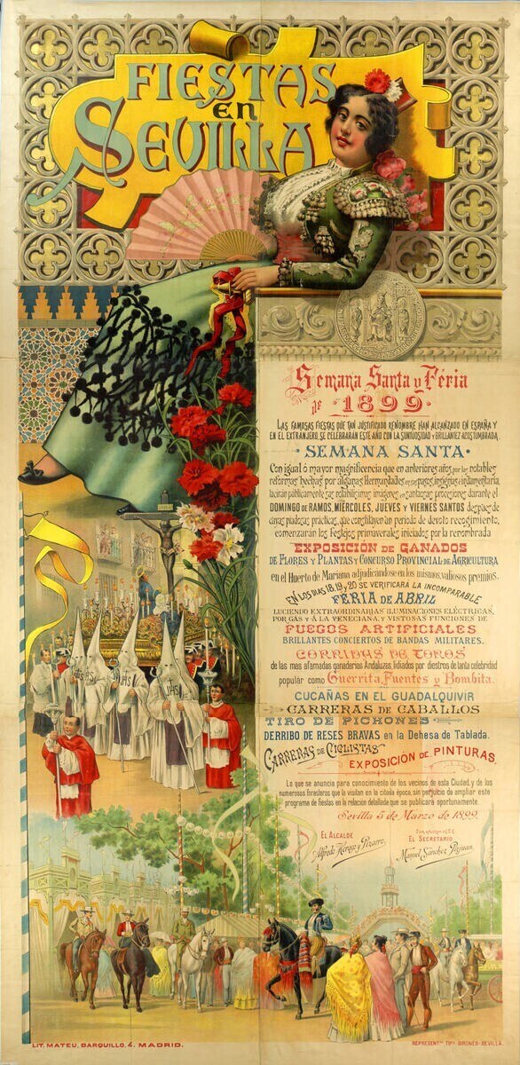 Plakat, das ein Fest in Sevilla ankündigt, mit einer Frau in traditioneller Kleidung umgeben von Menschen, Pferden, Bäumen und Blumen mit Text über das Ereignis.