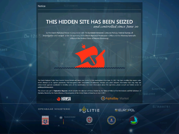 Ein Computerbildschirm mit einer fetten, schwarzen Schrift 'Diese verdeckte Website wurde beschlagnahmt' und einem Logo der niederländischen Polizei mit einem blauen Schild und einem weißen Stern.