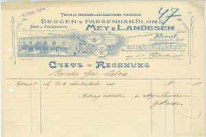 Altes Dokument mit einer Gebäudeabbildung, Text und einem Stempel, das an einen Beleg erinnert.