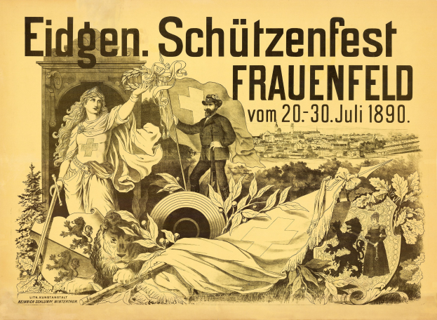 Alter Plakatentwurf für das Eidgen Schützenfest in Frauenfeld, Deutschland, mit einem Mann in einem Anzug und einer Frau in einem Kleid, die nebeneinander stehen, und Textdetails