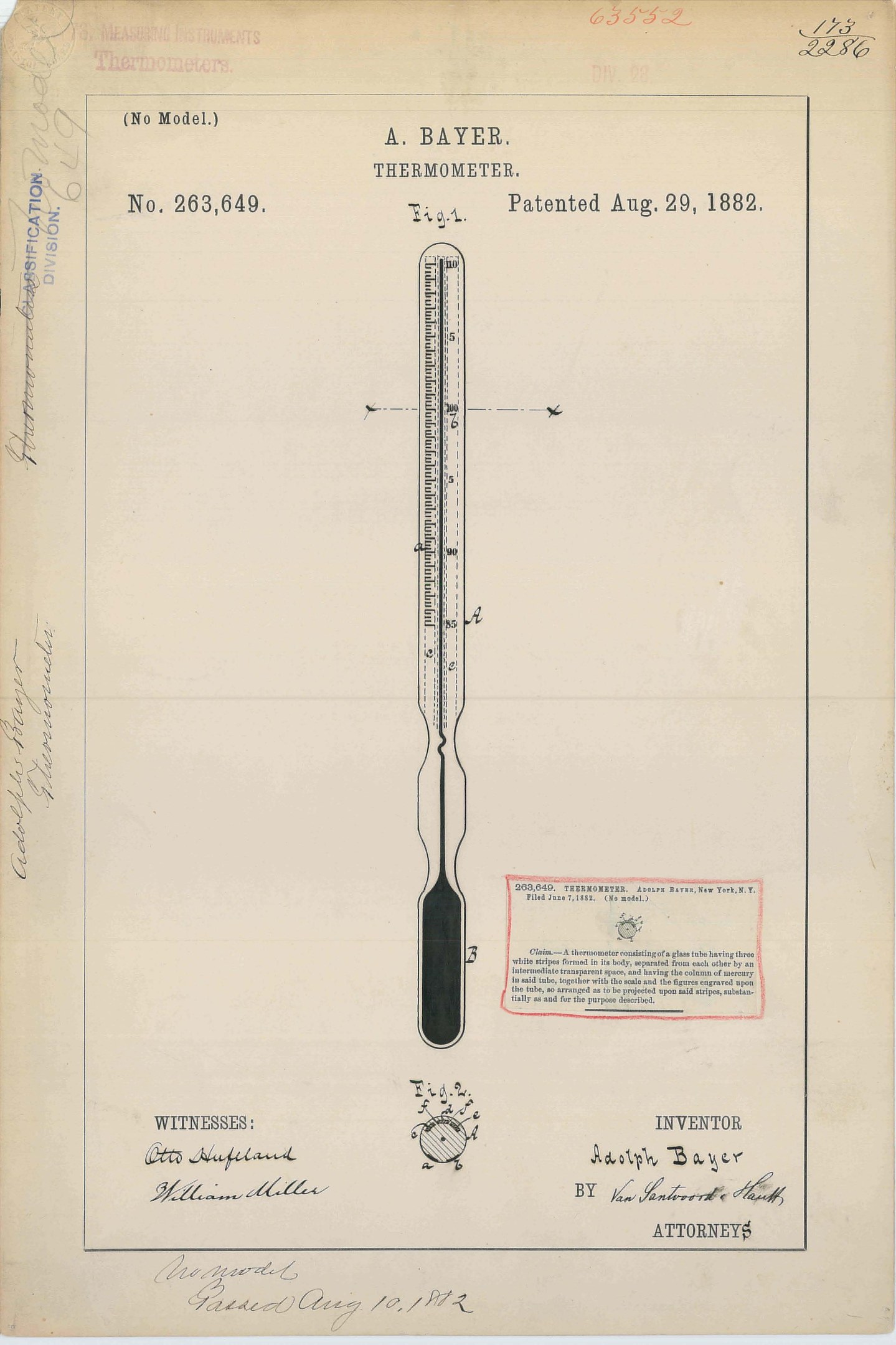 Altes Buch mit einer Zeichnung eines Thermometers, das mit "Bayer Thermometer Patent No. 263,649" beschriftet ist.