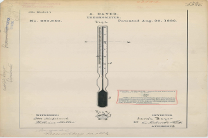 Altes Buch mit einer Zeichnung eines Thermometers, das mit "Bayer Thermometer Patent No. 263,649" beschriftet ist.