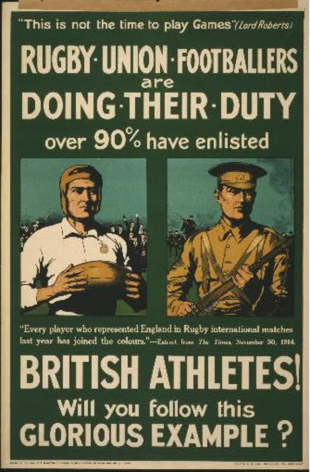 Ein Vintage-Plakat mit zwei Rugby-Union-Fußballern, das ihre Einberufung in die Armee bewirbt und darauf hinweist, dass über 90 % der britischen Athleten eingezogen sind.