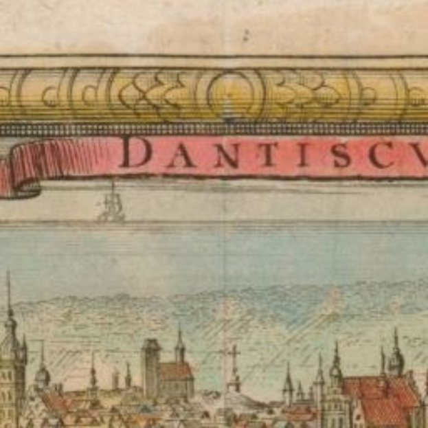 Altes Buch mit einer Stadtansicht-Illustration, das Geb├Ąude und ein Banner mit beschreibendem Text zeigt.