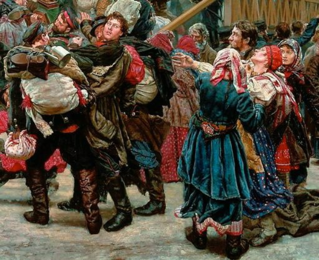 Gemälde, das eine lebhafte Gruppe von Menschen in traditioneller russischer Kleidung vor einem Publikum tanzen zeigt, einige halten Gegenstände, vor einem Holzhaus als Hintergrund, das an eine Szene aus der russischen Revolution erinnert.