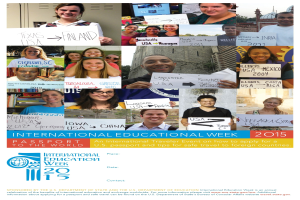 Internationaler Bildungswoche 2015-Plakat mit einer Gruppe strahlender Menschen, die Schilder mit textbezogenen Informationen halten.