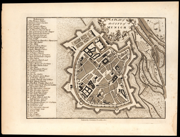 Detailreiche alte Karte von München, Deutschland, mit Straßen, Gebäuden und Sehenswürdigkeiten auf einem schwarzen Hintergrund, einschließlich Text mit Straßennamen und Sehenswürdigkeiten.