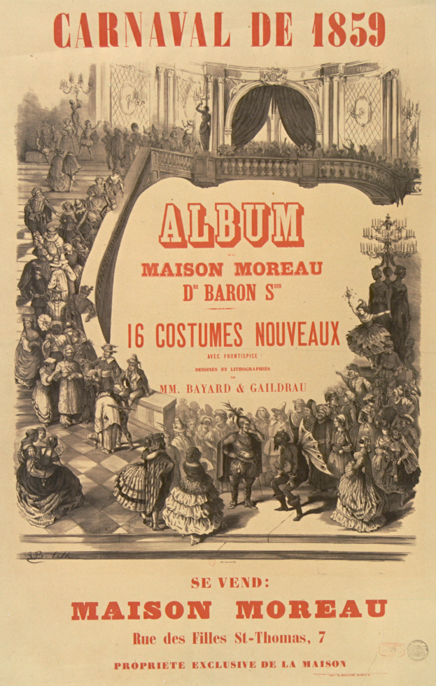Ein Vintage-Plakat für den Karneval von 1859, das eine Gruppe in farbenfrohen Kostümen zeigt.