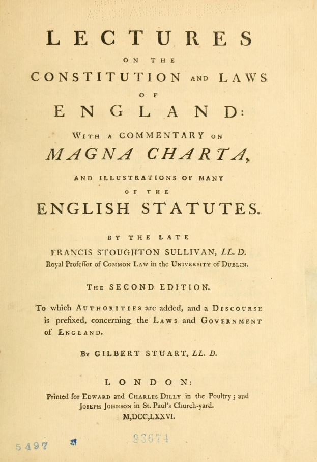 Ein altes, offenes Buch mit dem Titel "Vorträge über die Verfassung und Gesetze Englands mit einem Kommentar zur Magna Charta und Illustrationen vieler englischer Gesetze" mit sichtbarem schwarzem Tintentext auf der Seite.