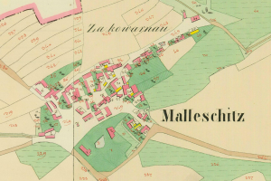 Schwarz-weiß-Karte von Mallschitz, Deutschland, mit beschrifteten Gebäuden und Straßen.