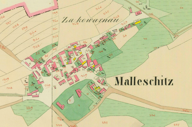 Schwarz-weiß-Karte von Mallschitz, Deutschland, mit beschrifteten Gebäuden und Straßen.