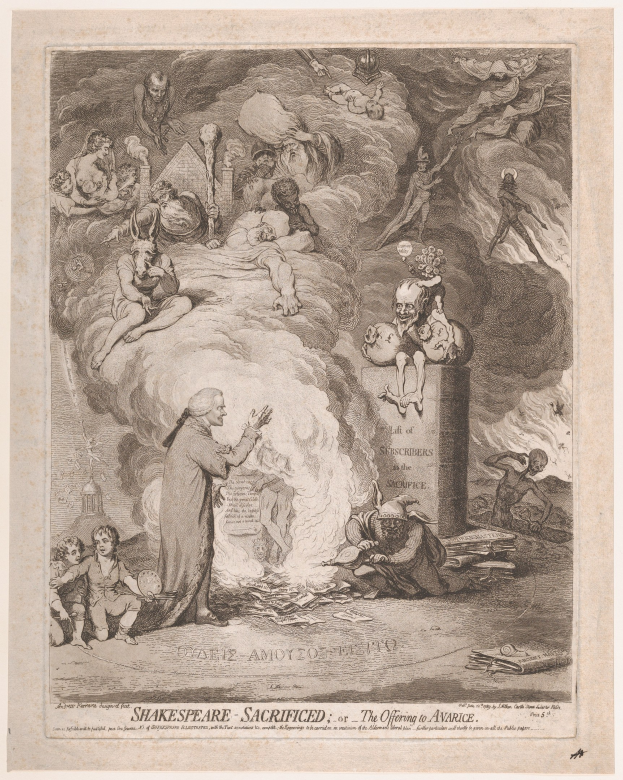 Eine Person in einem langen Gewand steht feierlich in der Mitte einer Gruppe, mit einigen Sitzenden und Stehenden drumherum, unter dem Text "Shakespeare geopfert oder das Opfer der Habsucht."