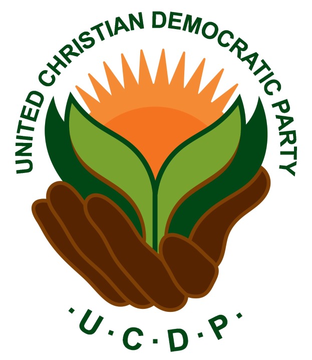 Logo der Vereinigte Christdemokratische Partei (UCDP): eine Hand hält eine leuchtend gelbe Blume mit einem grünen Stiel und Blättern in der Mitte eines blauen und gelben Kreises auf einem weißen Hintergrund, mit "UCDP" in fetter schwarzer Schrift darunter.