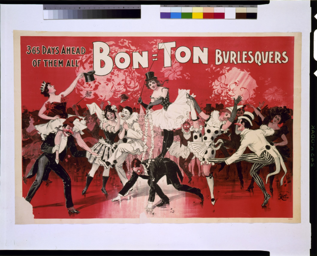 Ein Plakat mit der Aufschrift "Bon-Ton Burlesquers - 365 Tage voraus" zeigt eine Gruppe von Menschen in bunten Kostümen, die fröhlich tanzen.