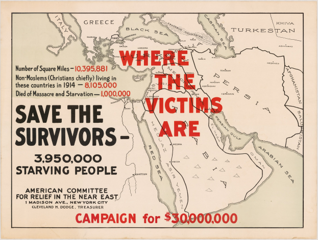 Plakat mit einer Weltkarte und dem Text "Wo die Opfer sind: Retten Sie die Überlebenden - 3.950.000 hungernde Menschen" zur Sensibilisierung für die durch den Krieg verursachte Hungerkrise.