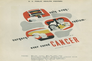 Plakat mit einem Mann in einem weißen Kittel und Stethoskop mit der Aufschrift "Operationen haben noch nie Krebs geheilt" auf einem hellrosa Hintergrund.