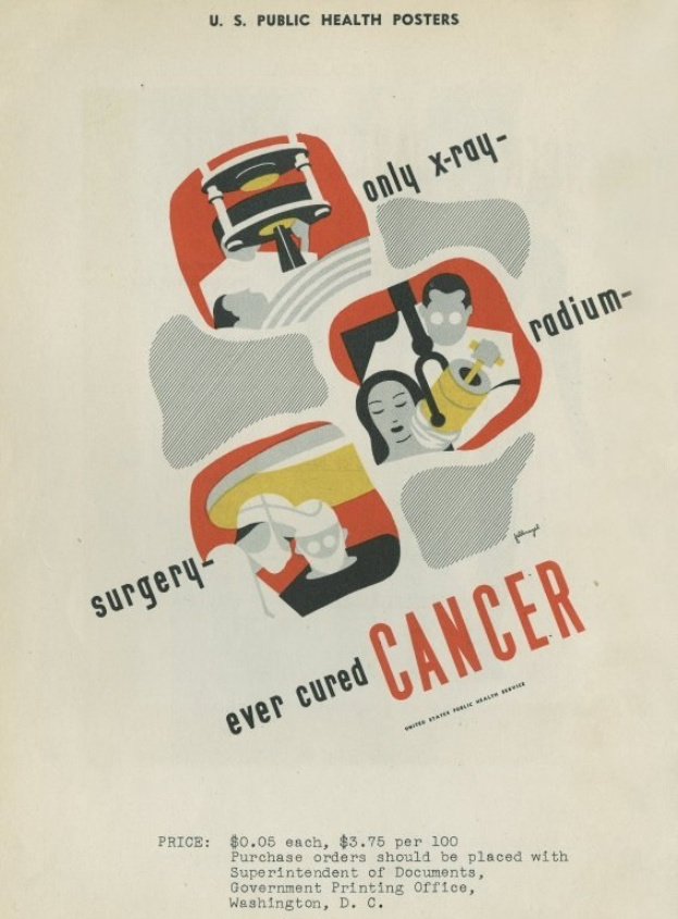 Plakat mit einem Mann in einem weißen Kittel und Stethoskop mit der Aufschrift "Operationen haben noch nie Krebs geheilt" auf einem hellrosa Hintergrund.