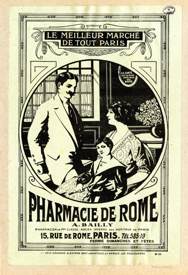 Schwarze-Weiße-Anzeige für eine Apotheke in Rom, die einen Mann und eine Frau zeigt, die nebeneinander stehen, mit Text, der die Apotheke und ihre Dienstleistungen beschreibt.