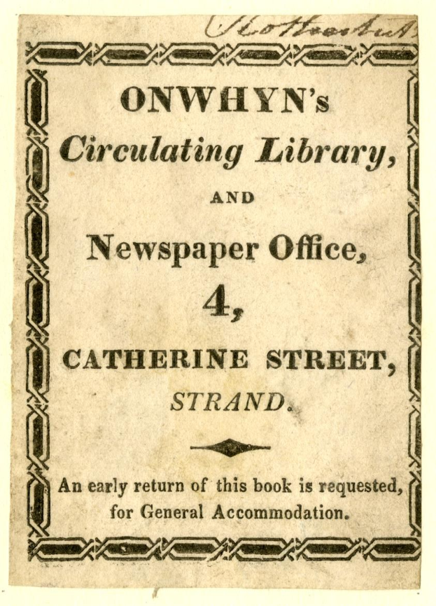 Unterschreiben Sie für "Onwhyn's Circulating Library, and Newspaper Office, 4, Catherine Street, Strand" auf einem Stück Papier.