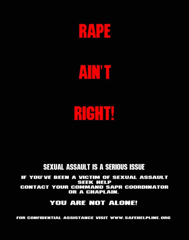 Ein Plakat mit fetter, schwarzer Schrift auf einem weißen Hintergrund, das 'Rape Ain't Right: Sexual Assault is a Serious Issue' lautet, eingerahmt von einem schwarzen Rand.