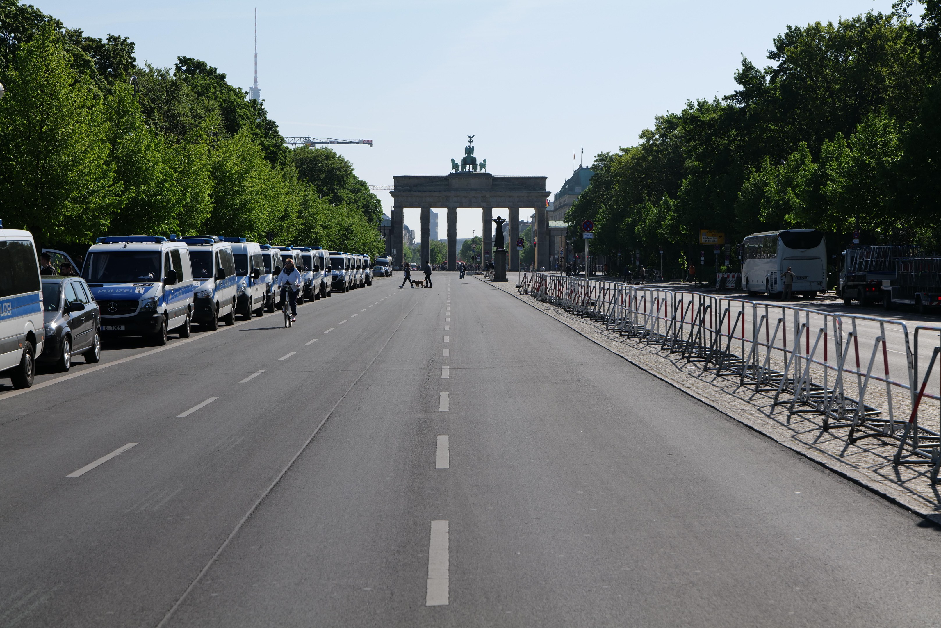 Lange Reihe von Polizeiwagen am Rande einer Straße vor dem Brandenburger Tor in Berlin, Deutschland, mit Menschen auf Fahrrädern und Barrieren auf der Straße, Bäumen an den Seiten und einem Bogen mit Statuen im Hintergrund unter einem sichtbaren Himmel.