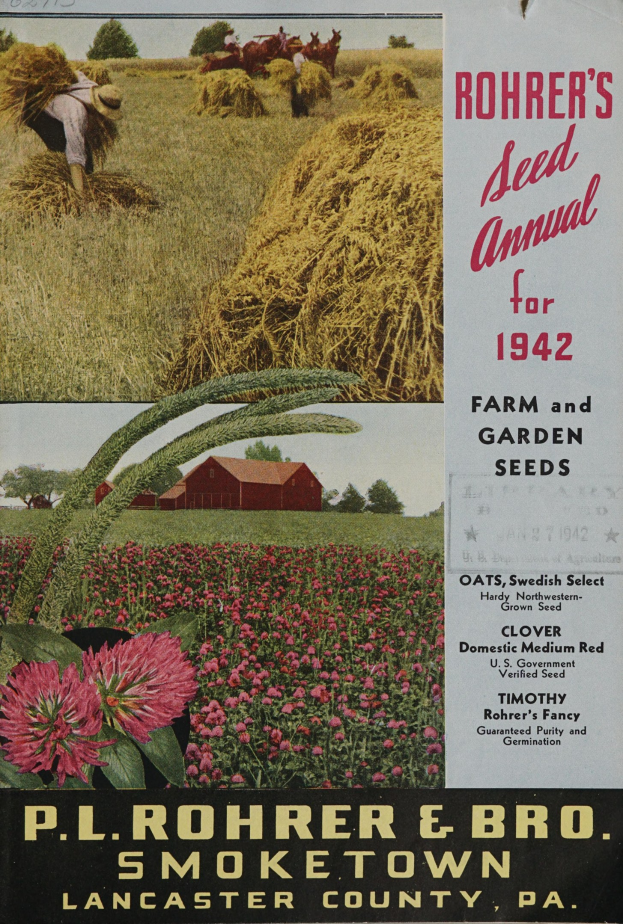 Ein Plakat für Rohrer's Saatgut-Jahrbuch 1942 mit einer bunten Auswahl an Blumen, Pflanzen, Gras, einer Person, einem Haus, Bäumen und einem klaren blauen Himmel, mit Text, der Informationen über die Saatgut gibt.