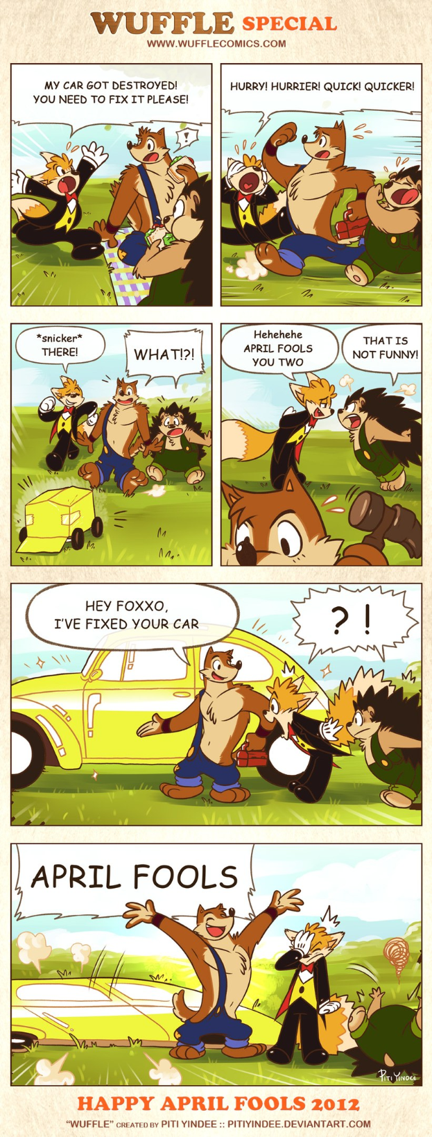 Comicstrip-Plakat mit dem Titel "Aprilscherz", das einen Cartoon-Mann und -Frau in einer Diskussion vor einem hellblauen Himmel mit weißen Wolken zeigt, wobei einer emphatisch gestikuliert und oben schwarzer, fetter Text steht.