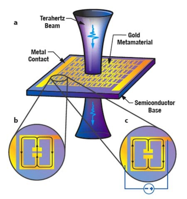 Diagramm eines Halbleitergeräts mit einem Gold-Metamaterial und einem Metallkontakt, mit beschriftetem Text, der seine Komponenten beschreibt.