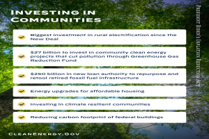Plakat mit Bäumen und Himmel im Hintergrund, mit dem Text 'Investing in Communities: Biggest Investment in Rural Electricity Since the New Deal'.