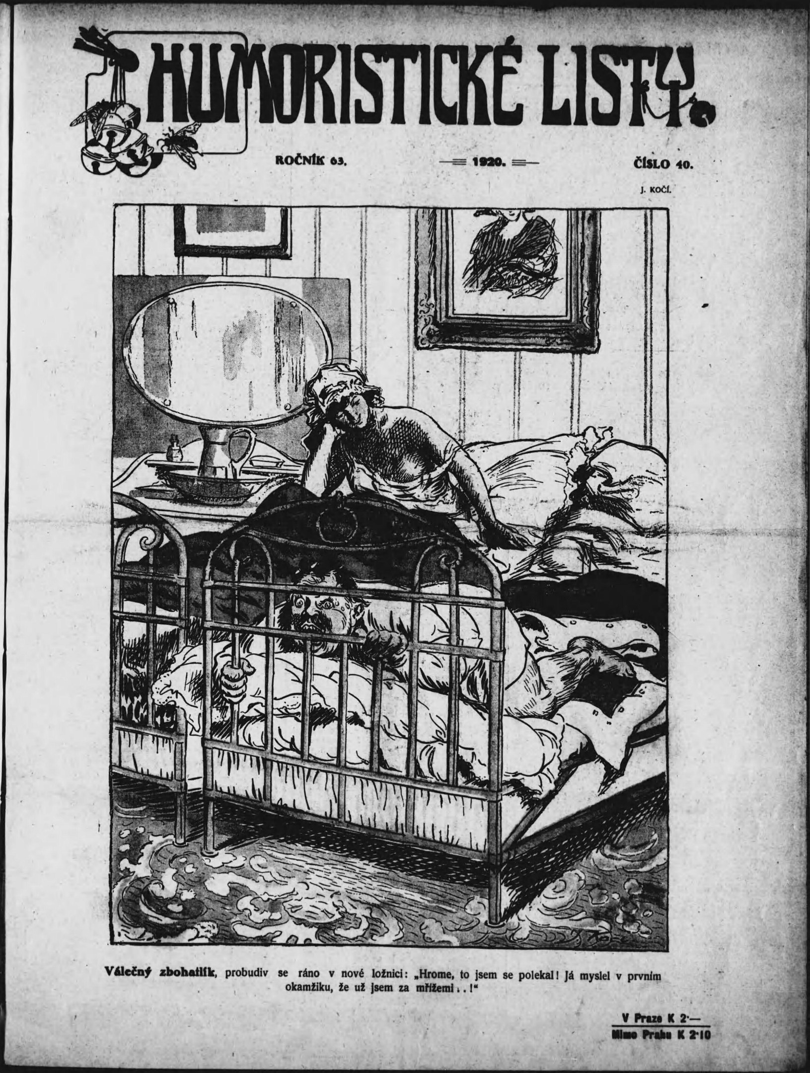 Eine Schwarz-Weiß-Illustration einer Person, die auf einem Bett liegt, mit einem Spiegel auf dem Nachttisch und einem gerahmten Bild an der Wand, begleitet von Text, der "humoristische liste - tschechoslowakei - 20. april 1920" oben und unten zeigt.