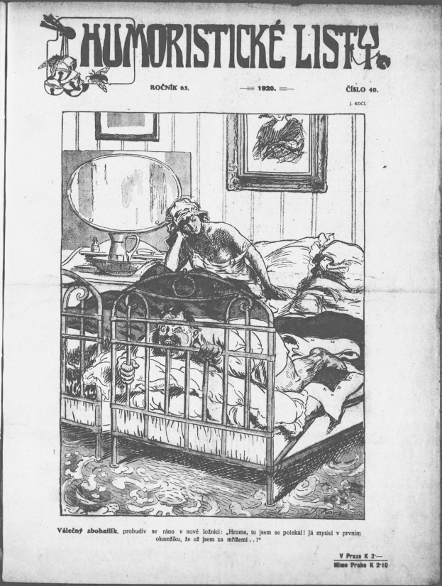 Eine Schwarz-Weiß-Illustration einer Person, die auf einem Bett liegt, mit einem Spiegel auf dem Nachttisch und einem gerahmten Bild an der Wand, begleitet von Text, der "humoristische liste - tschechoslowakei - 20. april 1920" oben und unten zeigt.