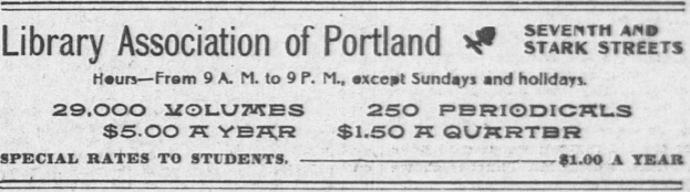 Eine Schwarz-Weiß-Anzeige für die Portland Library Association mit Text.