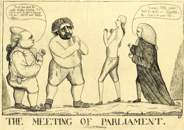 Eine Zeichnung von drei Personen, die diskutieren, unter dem Titel "Die Parlamentssitzung."