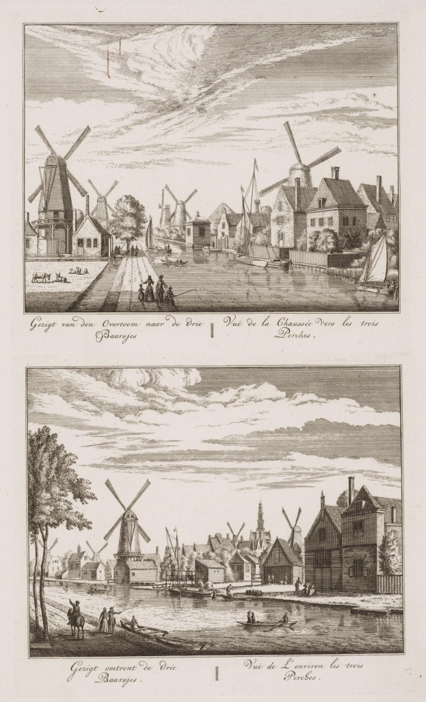 Zwei Fotos von Windmühlen in den Niederlanden mit Häusern, Bäumen, Menschen und Booten im Vordergrund und einem bewölkten Himmel im Hintergrund mit Text am unteren Rand.