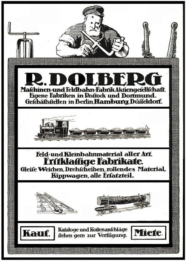 Werbeplakat für R.D. Dolbergs Fabrik in Hamburg, Deutschland, mit Text und Bildern, darunter eine Person, ein Zug und weitere Gegenstände.