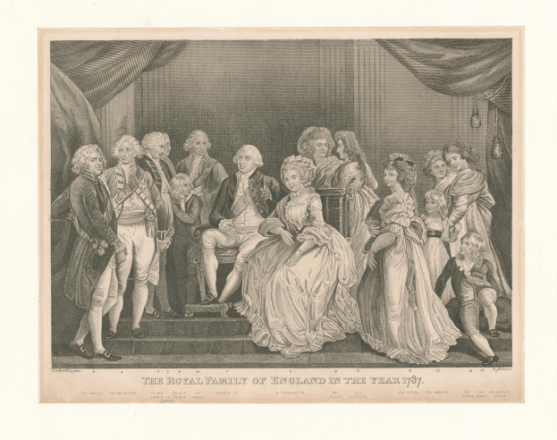 Eine Gruppe von Menschen, darunter die königliche Familie Englands, die auf einer Treppe vor einer Vorhangwand im Jahr 1787 steht und sitzt, mit Text unten.