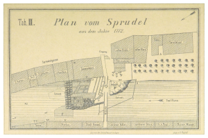 Schwarz-weißes Plakat mit einem detaillierten Plan von Spruidel, Deutschland, begleitet von Text, der zusätzliche Informationen über die Stadt enthält.