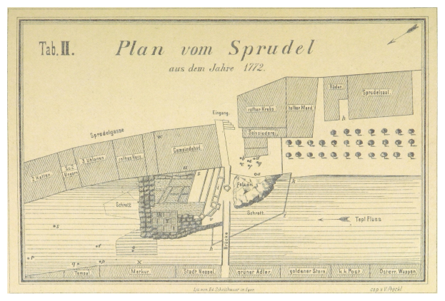 Schwarz-weißes Plakat mit einem detaillierten Plan von Spruidel, Deutschland, begleitet von Text, der zusätzliche Informationen über die Stadt enthält.