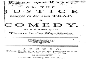 Schwarzer und weißer Poster mit der Aufschrift "Vergewaltigung auf Vergewaltigung oder die Gerechtigkeit, die in ihrer eigenen Falle gefangen ist" in fetter schwarzer Schrift, wahrscheinlich für eine Comedy-Show.