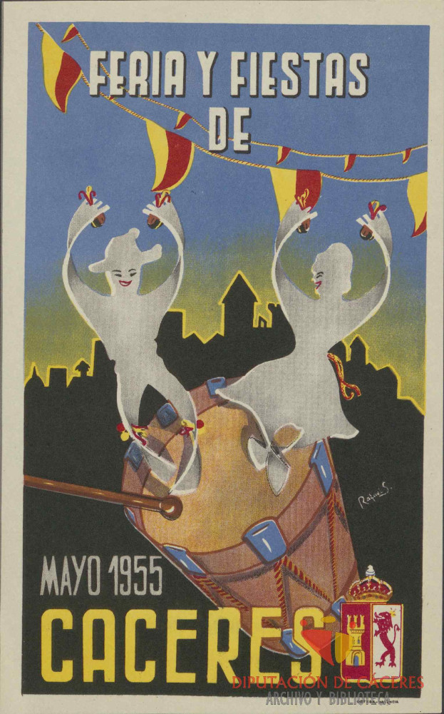 Ein buntes Plakat, das die Faschingsfeierlichkeiten 'Feria y Fiestas de Caceres' in Cacceres, Spanien, ankündigt, mit Menschen in traditioneller Kleidung, einem hellgelben Hintergrund und Veranstaltungseinzelheiten.