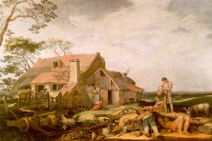 Ein Gemälde namens 'Die Farmerin' von Jan Brueghel dem Älteren, das einen Mann und eine Frau vor einem Reetdachhaus zeigt, umgeben von Tieren, einem Wagen, einem hölzernen Zaun, Bäumen und einem bewölkten Himmel.