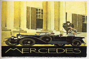 Vintage-Plakat aus den 1920er-Jahren von Mercedes-Benz mit einem klassischen Auto vor einem modernen Gl├Ąserturm mit zwei Personen drinnen und 'Mercedes-Benz'-Text unten.
