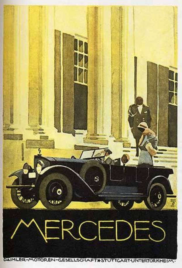 Vintage-Plakat aus den 1920er-Jahren von Mercedes-Benz mit einem klassischen Auto vor einem modernen Gl├Ąserturm mit zwei Personen drinnen und 'Mercedes-Benz'-Text unten.