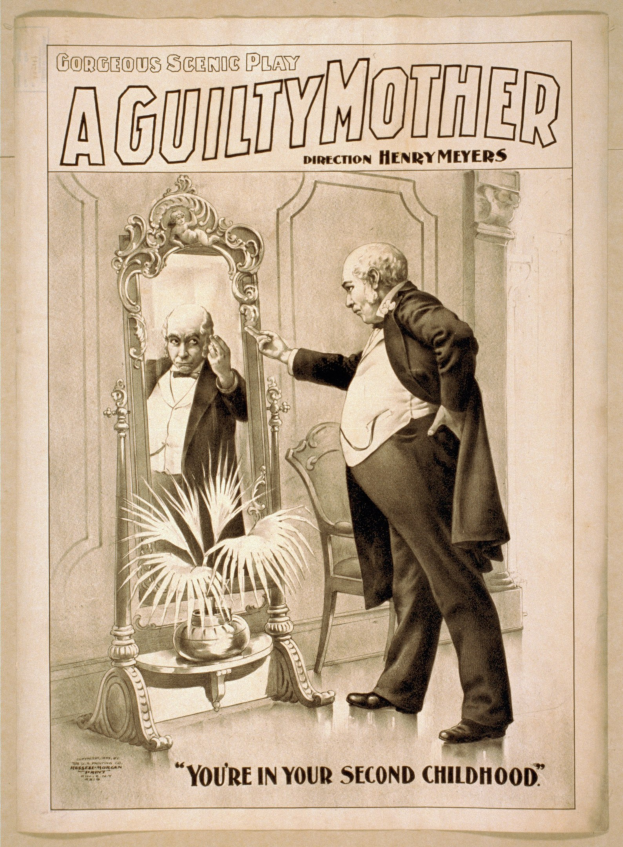 Plakat mit einem Mann vor einem Spiegel mit einem Stuhl und einer Pflanze im Hintergrund, Text lautet "Eine schuldige Mutter - Du bist in deiner zweiten Kindheit."