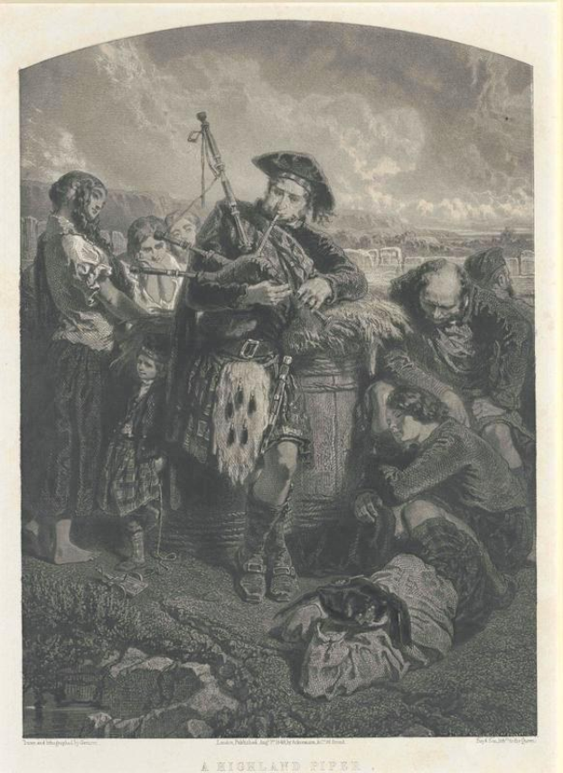 Schwarz-weißes Gravur eines Mannes, der eine Dudelsackpfeife vor einer Gruppe von Menschen unter einem bewölkten Himmel spielt, mit dem Text "Ein Highland-Pfeifer" unten.